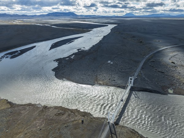 Bridge over river Jökuls a Fjöllum, ringroad no. 1, Mt. Herdubreid in the back, aerial view, Iceland, Europe