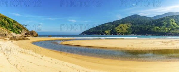 Panoramic photograph of Bonete beach in Ilhabela with the river flowing into the sea, Bonete beach, Ilhabela, Sao Paulo, Brazil, South America