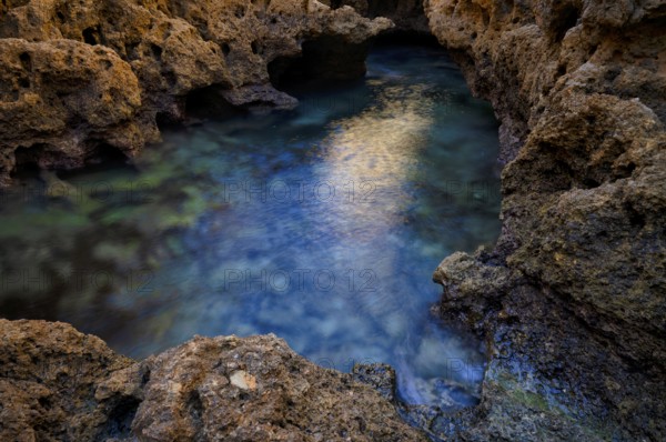Algar Seco rock formation, coloured rocks and underground caves, caves, shell limestone, Carvoeiro, Algarve, Portugal, Europe