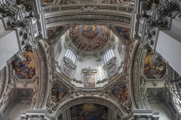 Baroque dome and ceiling fresco created in the 17th century, Passau Cathedral, Passau, Lower Bavaria, Bavaria, Germany, Europe