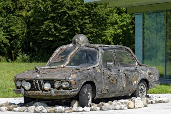 Former BMW 250cs by Lothar-Günther Buchheim, car under water with octopus, underwater, sculpture by Siegfried Ulmer, Museum der Phantasie, Bernried am Starnberger See, Upper Bavaria, Bavaria, Germany, Europe