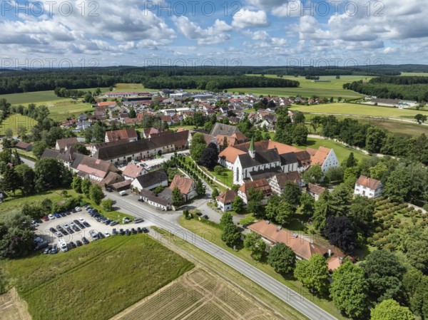 Aerial view of the village of Heiligkreuztal with the cathedral and the former Cistercian nunnery, district of Biberach, Upper Swabia, Baden-Württemberg, Germany, Europe