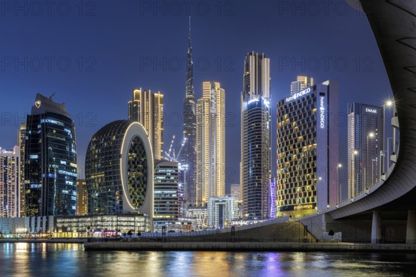 View of Dubai Burj Khalifa skyline tallest building in the world downtown at night in Dubai, United Arab Emirates, Asia
