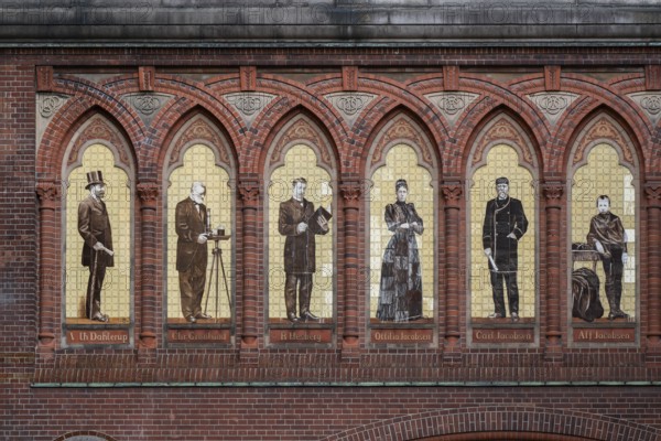 Frieze with historical figures on decorative tiles, including Carl and Ottilia Jacobsen, Dipylon or double gate or Dobbeltporten, designed by architect Vilhelm Dahlerup, Carlsberg district, Copenhagen, Denmark, Europe