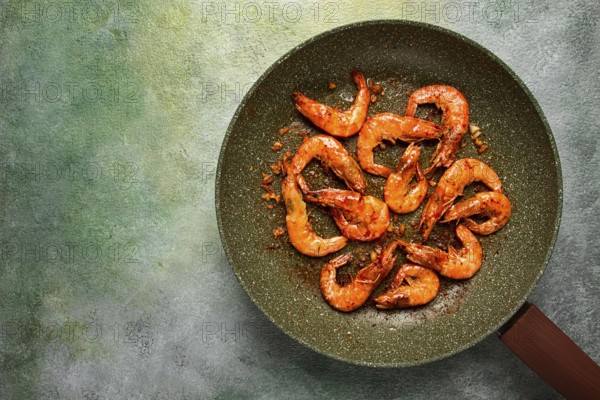 Fried tiger prawns, with spices, homemade, top view
