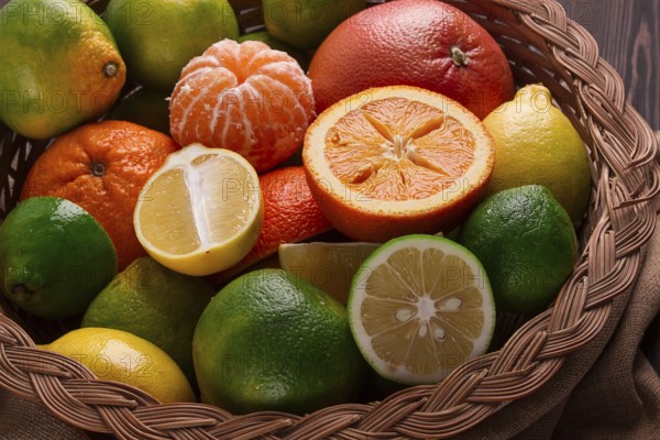 Assortment, citrus fruits, in a basket, close-up, top view, no people