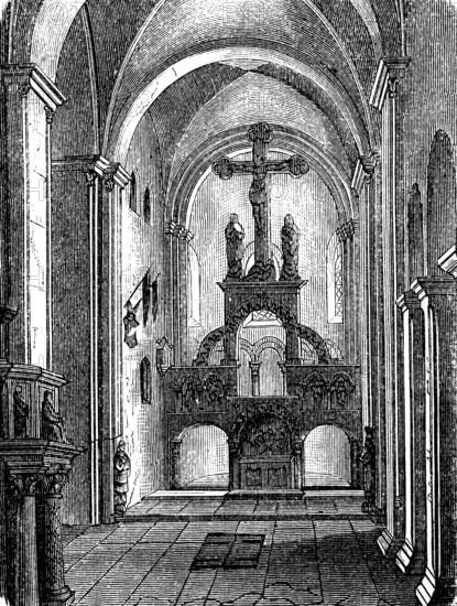 Interior of the monastery and parish church, Romanesque basilica of the Holy Cross, altar, round arch, figures, Wechselburg, Saxony, Germany, istorical illustration 1880, Europe