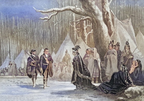 Washington and Gist visit the Indian Queen Alliquippa. George Washington 1732, 1799 First President of the United States of America. Christopher Gist 1706, 1759. American explorer. Queen Alliquippa died 1754, leader of the Seneca Indian tribe, Historical, digitally restored reproduction from a 19th century original, Record date not stated