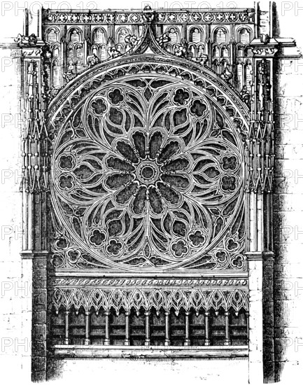 Rose window, west front of Rouen Cathedral, Coronation Church, France, historical illustration 1880, Europe