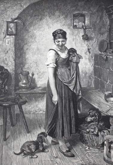 Offspring in the dog family, woman with dog basket and puppies in the kitchen, around 1880, Germany, digital reproduction of an original 19th century model, historical, A woman in traditional dress stands in a rustic kitchen with dogs and a wood-burning stove, Europe