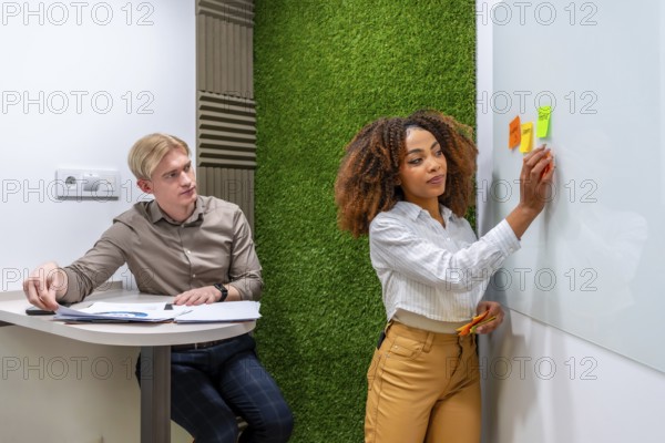 Businesswoman sticking notes on whiteboard while businessman analyzing reports in modern coworking office