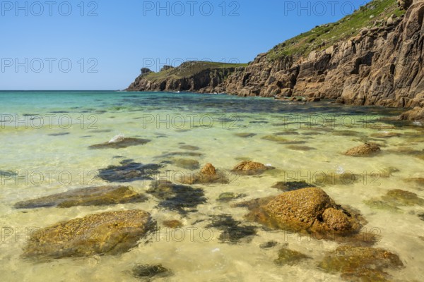 Sandy beach beach and rocks in Nanjizal Bay or Nanjizal Beach. St Just, Penzance, Cornwall, England, Great Britain