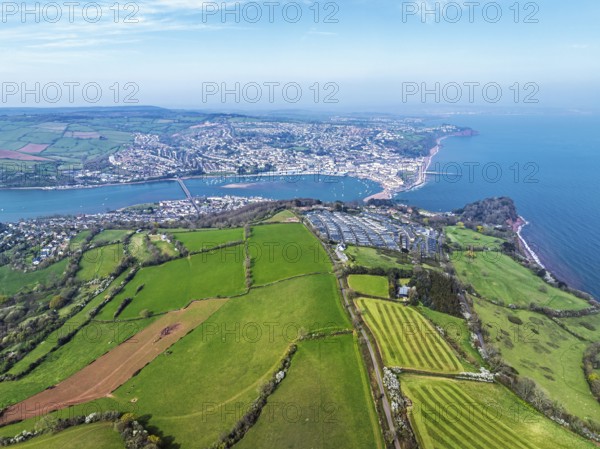 Farms and Fields over River Teign from a drone, Teignmouth, Shaldon, Devon, England, United Kingdom, Europe