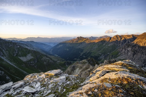 Picturesque mountain landscape at the summit of Mont de la Blana at sunset, view of La Dixence valley, Hérémence, Valais, Western Alps, Switzerland, Europe