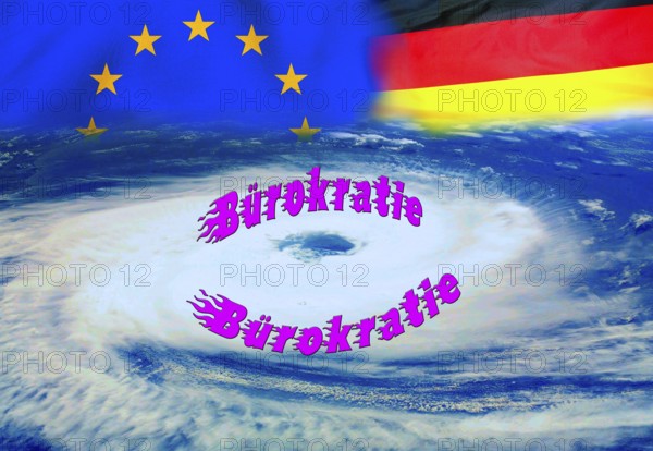 Symbol photo, bureaucracy as a cyclone over the EU and Germany, flood of paragraphs, European Union, jumble of laws, digitalisation of administration, confusing paths, outdated processes, dusty authorities, business-to-government market, old-style offices, antiquated filing systems, analogue printouts, future fields of data processing, digitally left behind, politics must deliver