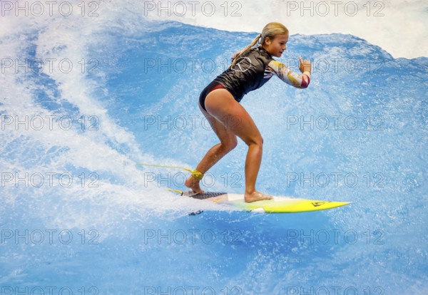 Messe boot Düsseldorf, Surfer riding a standing indoor wave on the occasion of a press event, Düsseldorf, North Rhine-Westphalia, Germany, Europe
