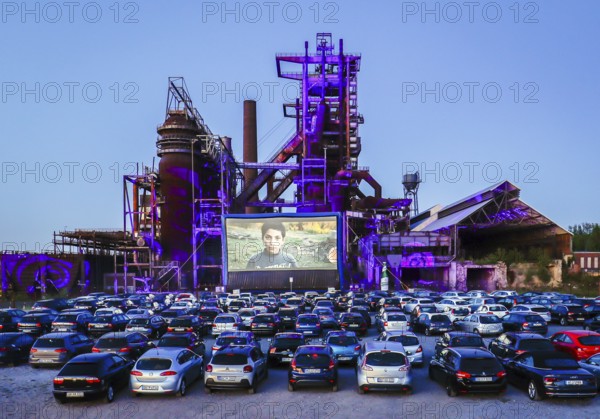 Dortmund, Ruhr area, North Rhine-Westphalia, Germany - Drive-in cinema Dortmund, newly opened drive-in cinema in front of the former blast furnace plant Phönix-West in times of the Corona pandemic with contact ban
