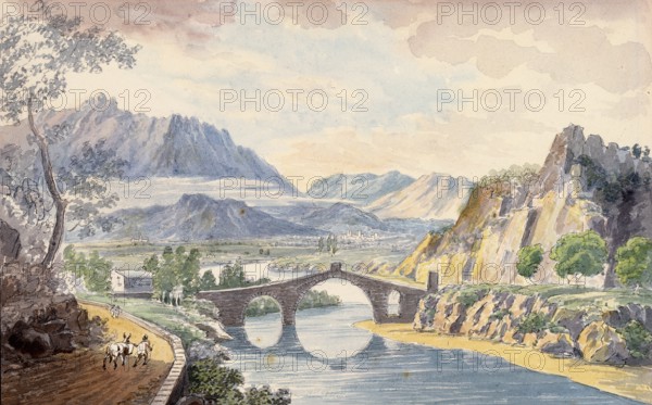 Bridge in Martorelle, Catalonia, Spain, digital reproduction of a painting by Charles Hamilton Smith (1776-1859), historical, Europe