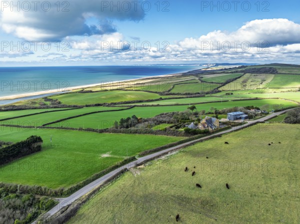 Farms over Swyre and West Bexington from a drone, West Bexington Nature Reserve, S W Coast Path, Dorchester, Dorset, England, United Kingdom, Europe