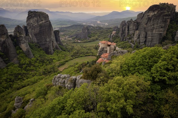 Sunset over the Monastery of Rousanou and the Monastery of St Nicholas Anapavsa, Anapavsas, Metéora Monasteries, Kalambaka, Trikala, Thessaly, Greece, Europe