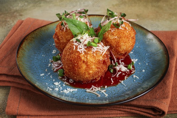 Crispy Arancini appetizer, with parmesan cheese and microgreens, plate, tomato sauce, homemade, no people
