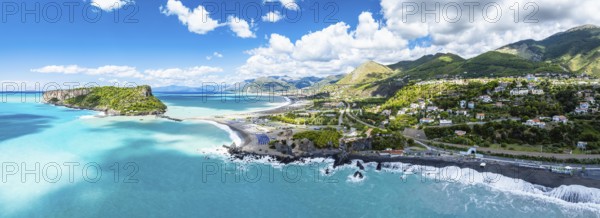 Panorama of Praia a Mare from a drone, Tyrrhenian Sea, Cosenza, Calabria, Italy, Europe