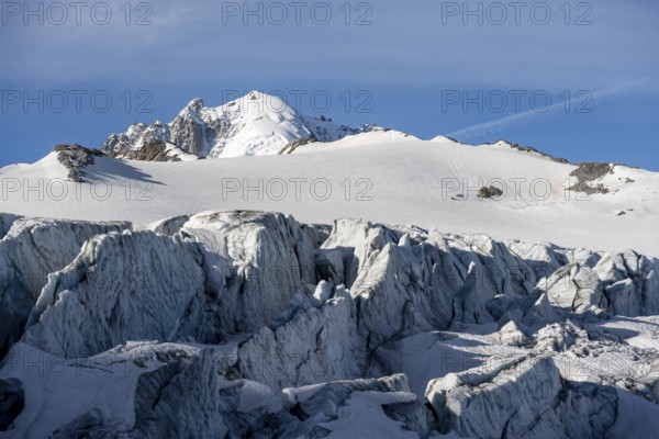 Glacier ice with crevasses, Glacier du Tour, behind summit Aiguille de Chardonnet, Chamonix, Haute-Savoie, France, Europe