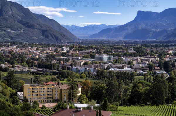 View from Tappeinerweg, Tappeiner promenade, on hospital, vineyards, Merano, Meran, South Tyrol, Autonomous Province of Bolzano, Italy, Europe