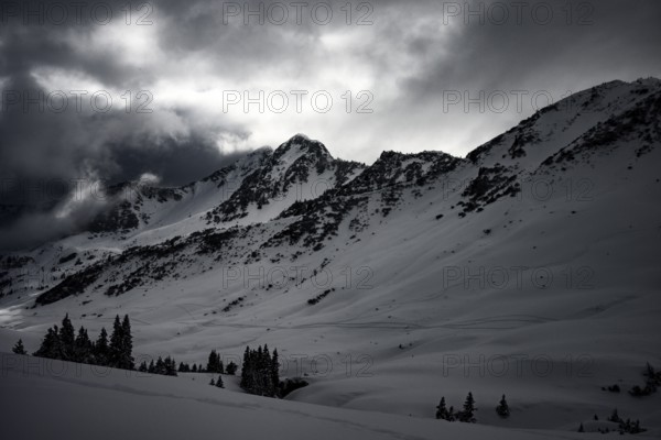Mountain valley with light and shade in winter, Baad, Vorarlberg, Austria, Europe