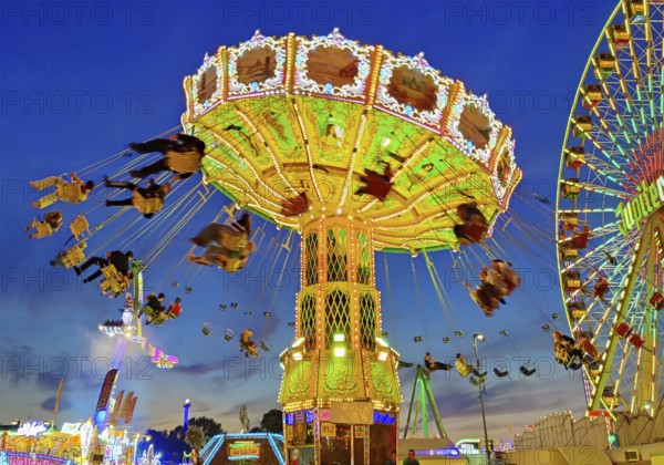 The colourfully illuminated Wellenflug chain carousel and the Ferris wheel in the evening, Cranger Kirmes, Herne, Ruhr area, North Rhine-Westphalia, Germany, Europe
