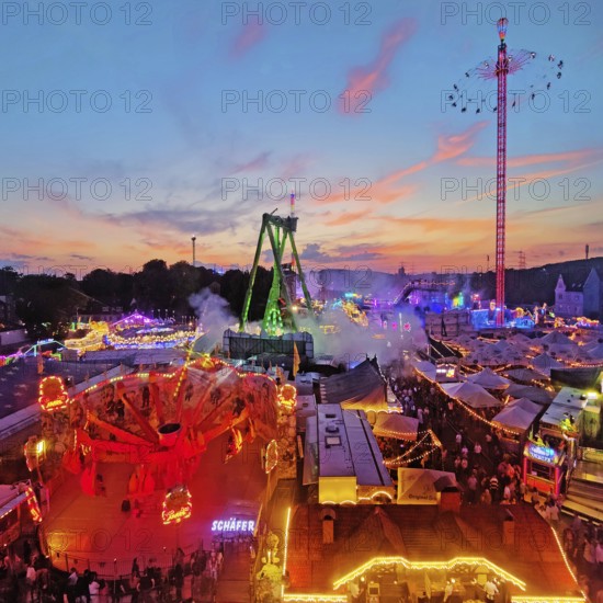 View from above from the Ferris wheel at the Cranger Kirmes in the evening, Herne, Ruhr area, North Rhine-Westphalia, Germany, Europe