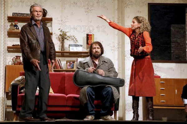 Marko Pustišek, citizen Lars Dietrich and Sabine Fürst at the photo rehearsal on Stasi, stress and stumbling blocks at the Schlossparktheater Berlin on 4 September 2024