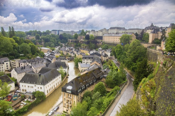 City panorama of Luxembourg: View of the historic Grund district and the Alzette river
