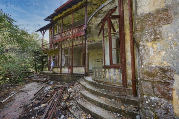Sky replaced, Abandoned, damaged house with wooden structure, stone staircase and surrounding nature, Mussolini Villa, Villa de Vecchi, Profitis Ilias, Empona, Rhodes, Dodecanese, Greek Islands, Greece, Europe