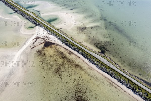 Aerial view of a bridge over turquoise sea at a sandy beach, fjord Grunnforfjorden, Lofoten islands, Norway, Europe