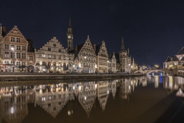 Illuminated house facades in Ghent, Belgium, Europe