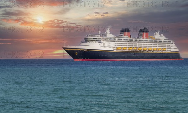 Mexico, Cabo San Lucas, Los Cabos, vacation cruise ship docked close to El Medano beach and scenic landmark tourist destination of Arch of Cabo San Lucas, EL Arco, Central America