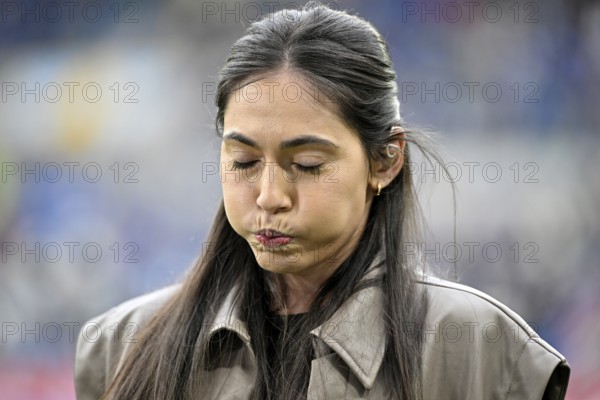 DAZN sports presenter Ann-Sophie Kimmel portrait, blows cheeks open, pressure, stress, tension, PreZero Arena, Sinsheim, Baden-Württemberg, Germany, Europe