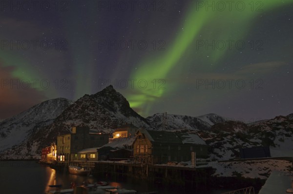 Night scene with northern lights in the sky, mountains in the background and illuminated houses on the water, harbour, winter, Nyksund, Langoya, Vesteralen, Nordland, Norway, Europe