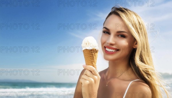 A blonde woman enjoys eating an ice cream in a cone
