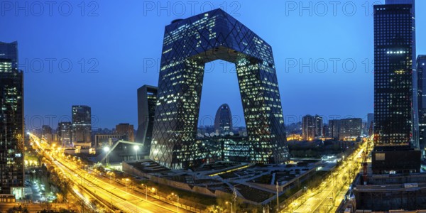 Beijing central business district CBD skyline with the headquarters of Chinese television CCTV at night panorama in Beijing, China, Asia