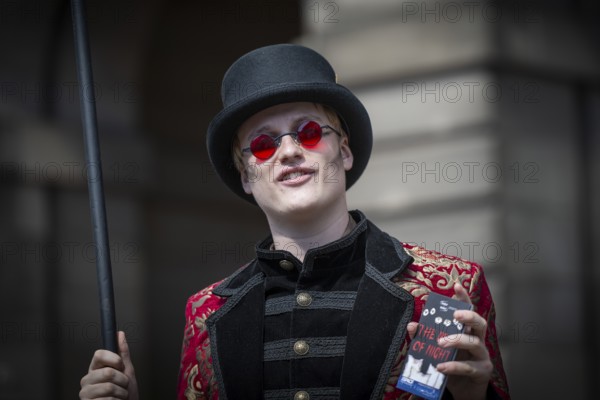 Performer promoting vampire musical, world's largest cultural festival The Fringe, High Street, Edinburgh, Scotland, United Kingdom, Great Britain, Europe