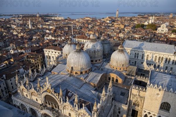 View over the roofs of Venice with St Mark's Basilica and Doge's Palace in the evening light, view from the Campanile di San Marco bell tower, city view of Venice, Veneto, Italy, Europe