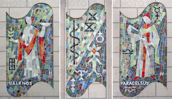 Modern mosaic pictures of Paracelsus, Galenos and an Eskolab staff, on the façade of a pharmacy, Bad Kissingen, Lower Franconia Bavaria, Germany, Europe