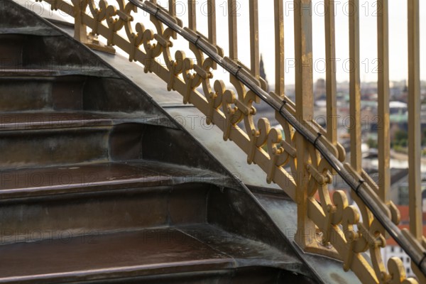 Staircase and safety gate on the tower of the Evangelical Lutheran Church of the Saviour, in front of Frelsers Kirke, Christianshavn, Copenhagen, Denmark, Europe