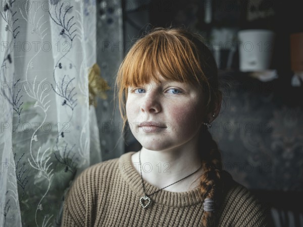 Portrait of a girl in a village near the front, Voloska Balakliia, 2024, Ukraine, Europe
