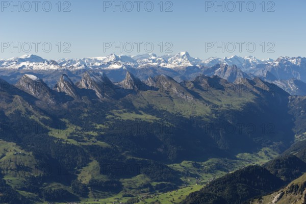 View from the alpine peak Säntis to the Appenzell Alps, 2505m altitude, Schwägalp, snow-covered mountain range, Urnäsch, Canton Appenzell, Ausserrhoden, Switzerland, Europe