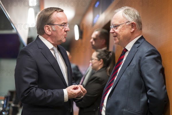 Boris Pistorius (Federal Minister of Defence, SPD) and Stephan Weil (Minister-President of Lower Saxony, SPD) in conversation in front of the consultations at the Minister-Presidents' Conference with the heads of government of the federal states at the Federal Chancellery, Berlin, 20.06.2024