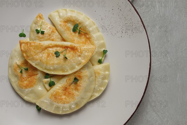 Pierogi, a traditional dish of Polish cuisine, dumplings, top view, close-up, no people