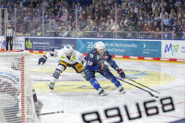 20.03.2024, DEL, German Ice Hockey League season 2023/24, 2nd playoff round (quarter-finals) : Adler Mannheim against Eisbären Berlin (2:4) . In the picture: Tyler Gaudet (58, Adler Mannheim) and Morgan Ellis (4, Eisbären Berlin)